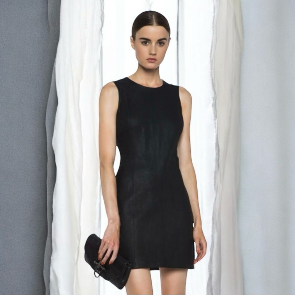 🆕💞Theysken’s Theory Lambskin Sleeveless Embroidery Stitching Mini Dress • Black